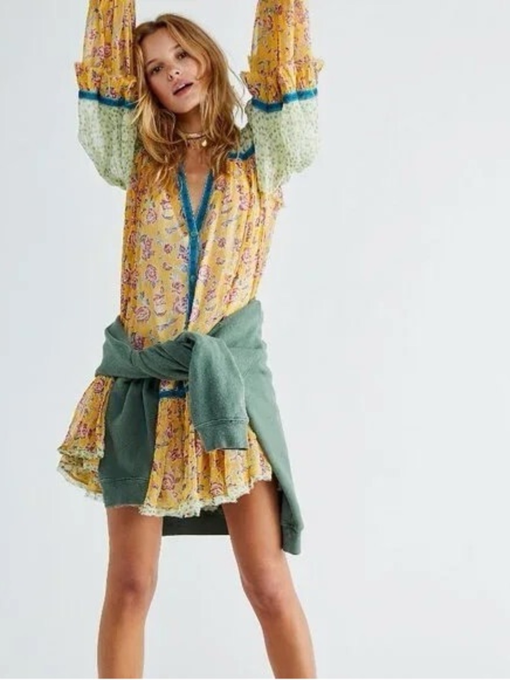 Free People Rosebud Print Mix Bishop Long Sleeve Oversize Dress